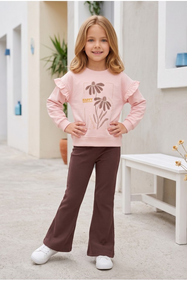 Kız Çocuk Çiçek Baskılı %100 Pamuk İki İplik Kumaş Fırçalı Sweatshirt Ve Fitilli İspanyol Paça Pantolonlu Takım
