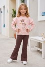 Kız Çocuk Çiçek Baskılı %100 Pamuk İki İplik Kumaş Fırçalı Sweatshirt Ve Fitilli İspanyol Paça Pantolonlu Takım