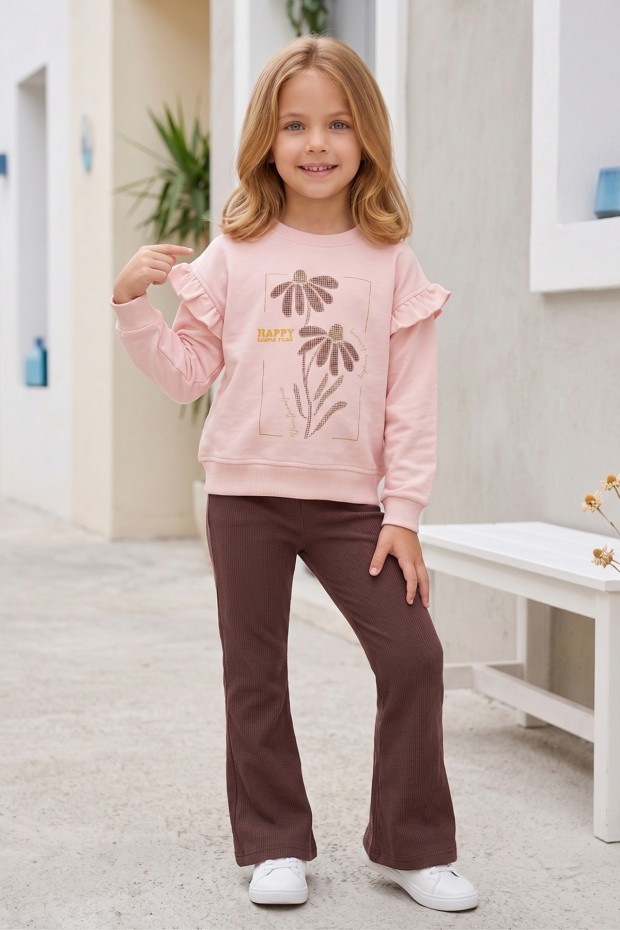 Kız Çocuk Çiçek Baskılı %100 Pamuk İki İplik Kumaş Fırçalı Sweatshirt Ve Fitilli İspanyol Paça Pantolonlu Takım