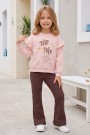 Kız Çocuk Çiçek Baskılı %100 Pamuk İki İplik Kumaş Fırçalı Sweatshirt Ve Fitilli İspanyol Paça Pantolonlu Takım