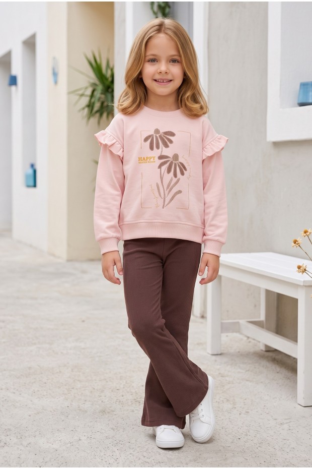 Kız Çocuk Çiçek Baskılı %100 Pamuk İki İplik Kumaş Fırçalı Sweatshirt Ve Fitilli İspanyol Paça Pantolonlu Takım