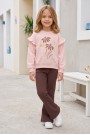 Kız Çocuk Çiçek Baskılı %100 Pamuk İki İplik Kumaş Fırçalı Sweatshirt Ve Fitilli İspanyol Paça Pantolonlu Takım