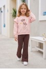 Kız Çocuk Çiçek Baskılı %100 Pamuk İki İplik Kumaş Fırçalı Sweatshirt Ve Fitilli İspanyol Paça Pantolonlu Takım