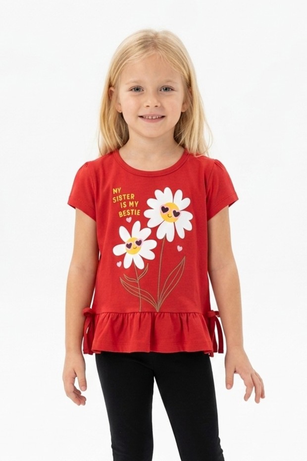 Kız Çocuk Papatya Baskılı Fırfırlı ve Yanları Bağlamalı Kısa Kollu Bisiklet Yaka Tişört