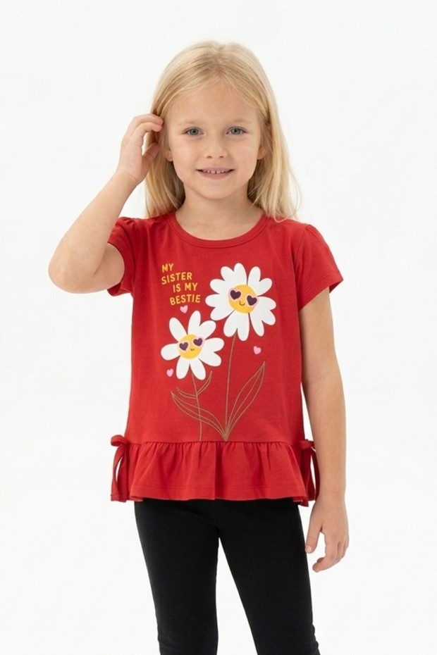 Kız Çocuk Papatya Baskılı Fırfırlı ve Yanları Bağlamalı Kısa Kollu Bisiklet Yaka Tişört