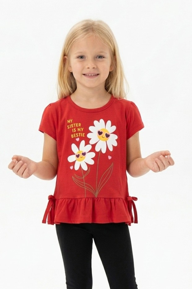 Kız Çocuk Papatya Baskılı Fırfırlı ve Yanları Bağlamalı Kısa Kollu Bisiklet Yaka Tişört