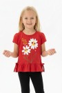 Kız Çocuk Papatya Baskılı Fırfırlı ve Yanları Bağlamalı Kısa Kollu Bisiklet Yaka Tişört