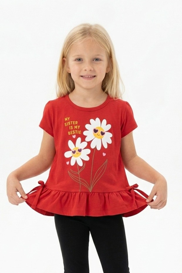 Kız Çocuk Papatya Baskılı Fırfırlı ve Yanları Bağlamalı Kısa Kollu Bisiklet Yaka Tişört
