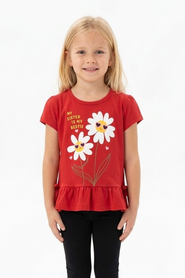 Kız Çocuk Papatya Baskılı Fırfırlı ve Yanları Bağlamalı Kısa Kollu Bisiklet Yaka Tişört