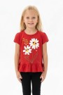 Kız Çocuk Papatya Baskılı Fırfırlı ve Yanları Bağlamalı Kısa Kollu Bisiklet Yaka Tişört