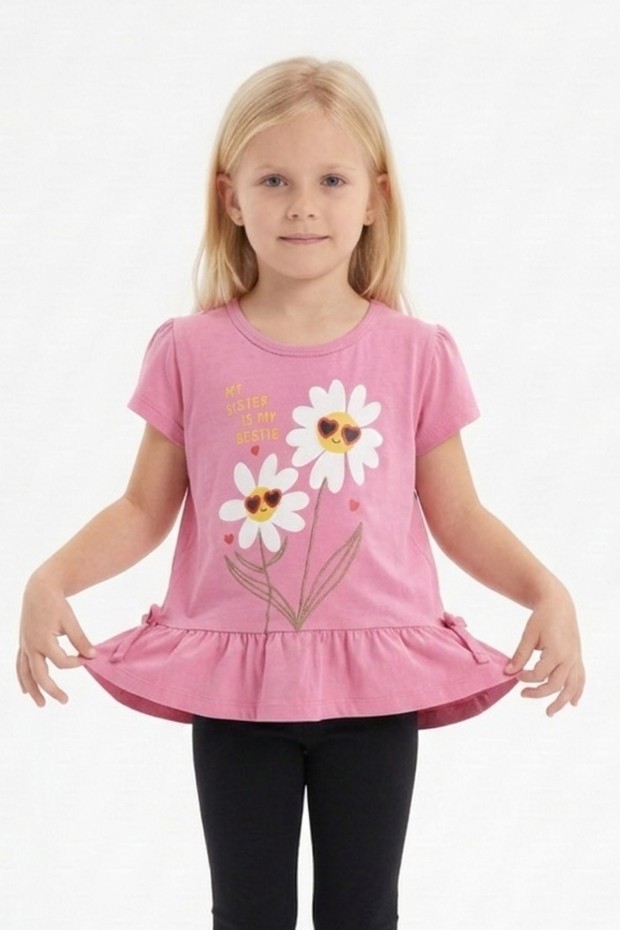 Kız Çocuk Papatya Baskılı Fırfırlı ve Yanları Bağlamalı Kısa Kollu Bisiklet Yaka Tişört