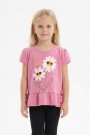 Kız Çocuk Papatya Baskılı Fırfırlı ve Yanları Bağlamalı Kısa Kollu Bisiklet Yaka Tişört