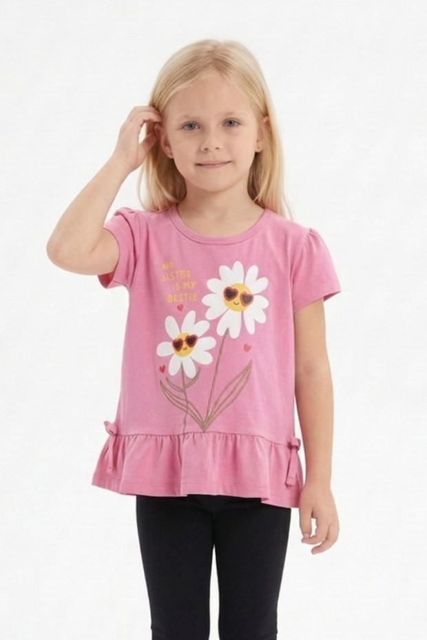 Kız Çocuk Papatya Baskılı Fırfırlı ve Yanları Bağlamalı Kısa Kollu Bisiklet Yaka Tişört