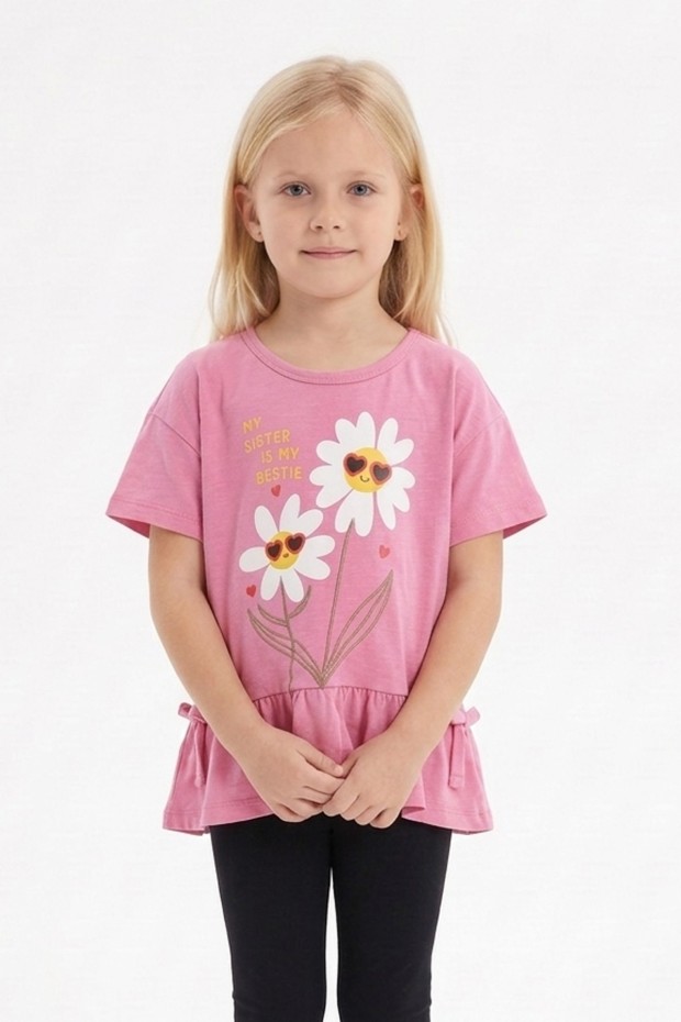 Kız Çocuk Papatya Baskılı Fırfırlı ve Yanları Bağlamalı Kısa Kollu Bisiklet Yaka Tişört
