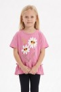 Kız Çocuk Papatya Baskılı Fırfırlı ve Yanları Bağlamalı Kısa Kollu Bisiklet Yaka Tişört