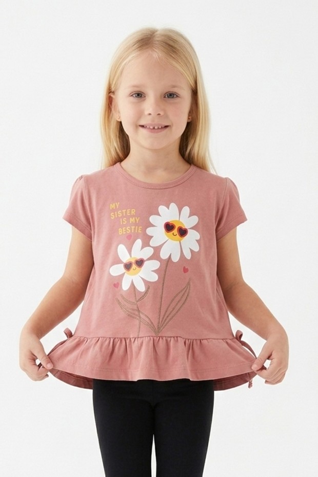 Kız Çocuk Papatya Baskılı Fırfırlı ve Yanları Bağlamalı Kısa Kollu Bisiklet Yaka Tişört