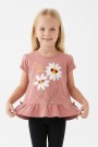 Kız Çocuk Papatya Baskılı Fırfırlı ve Yanları Bağlamalı Kısa Kollu Bisiklet Yaka Tişört