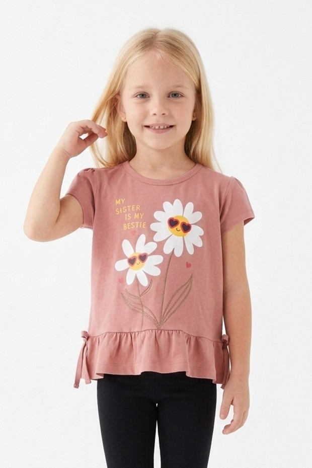 Kız Çocuk Papatya Baskılı Fırfırlı ve Yanları Bağlamalı Kısa Kollu Bisiklet Yaka Tişört