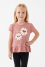 Kız Çocuk Papatya Baskılı Fırfırlı ve Yanları Bağlamalı Kısa Kollu Bisiklet Yaka Tişört