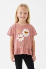 Kız Çocuk Papatya Baskılı Fırfırlı ve Yanları Bağlamalı Kısa Kollu Bisiklet Yaka Tişört