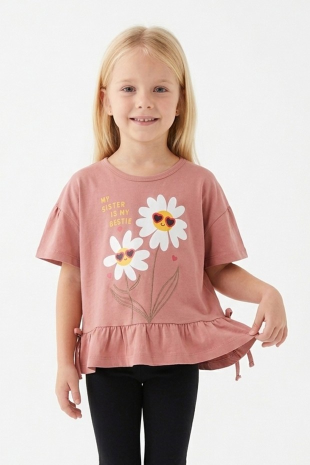 Kız Çocuk Papatya Baskılı Fırfırlı ve Yanları Bağlamalı Kısa Kollu Bisiklet Yaka Tişört