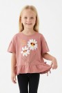 Kız Çocuk Papatya Baskılı Fırfırlı ve Yanları Bağlamalı Kısa Kollu Bisiklet Yaka Tişört