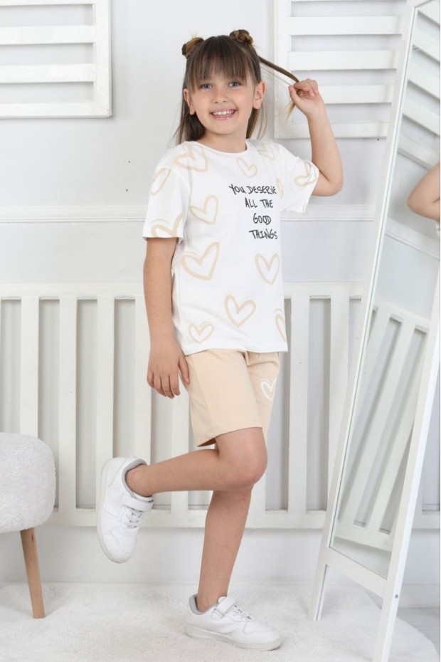 Kız Çocuk %100 Pamuk Reaktif Boyama Kalp Desenli Kısa Kollu Şortlu Takımı