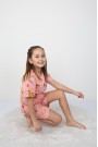 Kız Çocuk Kelebek Ve Çiçek Desenli %100 Pamuk Reaktif Boyama Kısa Kollu Şortlu Pijama Takımı