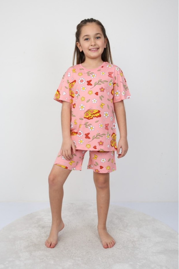 Kız Çocuk Kelebek Ve Çiçek Desenli %100 Pamuk Reaktif Boyama Kısa Kollu Şortlu Pijama Takımı