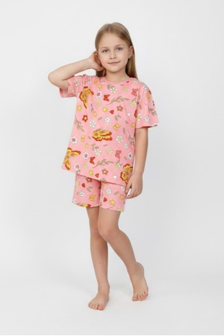 Kız Çocuk Kelebek Ve Çiçek Desenli %100 Pamuk Reaktif Boyama Kısa Kollu Şortlu Pijama Takımı