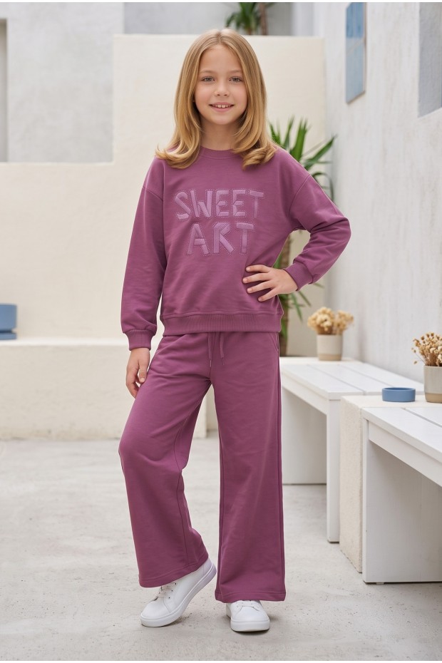 Kız Çocuk Sweet Art Yazı Baskılı Baskılı %100 Pamuk İki İplik Kumaş Cepli Bol Paça Pantolonlu Takım