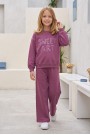 Kız Çocuk Sweet Art Yazı Baskılı Baskılı %100 Pamuk İki İplik Kumaş Cepli Bol Paça Pantolonlu Takım