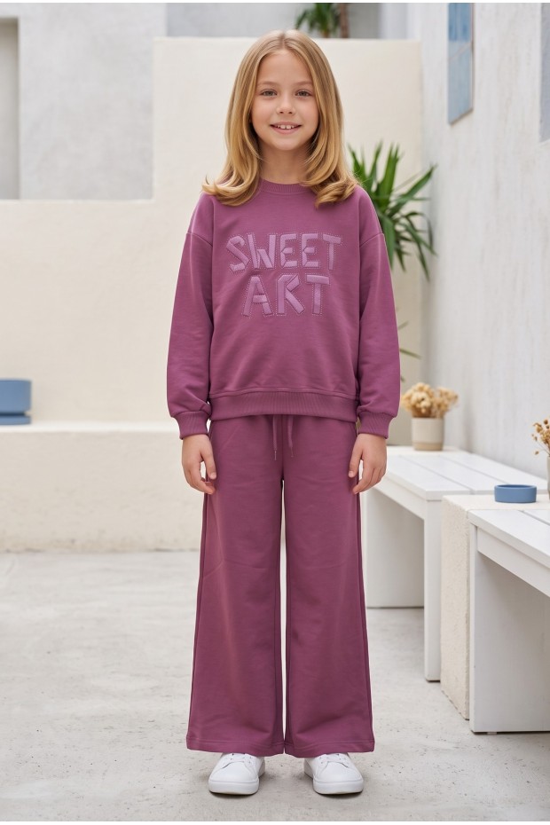 Kız Çocuk Sweet Art Yazı Baskılı Baskılı %100 Pamuk İki İplik Kumaş Cepli Bol Paça Pantolonlu Takım