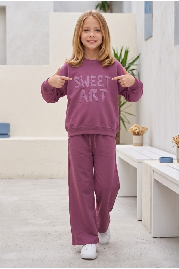 Kız Çocuk Sweet Art Yazı Baskılı Baskılı %100 Pamuk İki İplik Kumaş Cepli Bol Paça Pantolonlu Takım