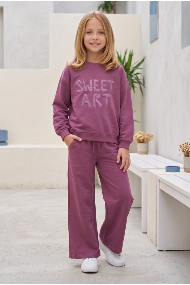 Kız Çocuk Sweet Art Yazı Baskılı Baskılı %100 Pamuk İki İplik Kumaş Cepli Bol Paça Pantolonlu Takım