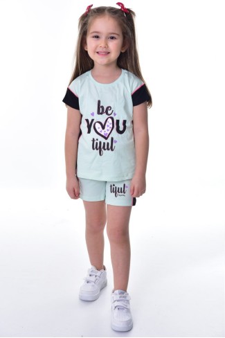 Kız Çocuk Kalp Baskılı Kısa Kollu Şortlu Pamuklu Yazlık Takımı