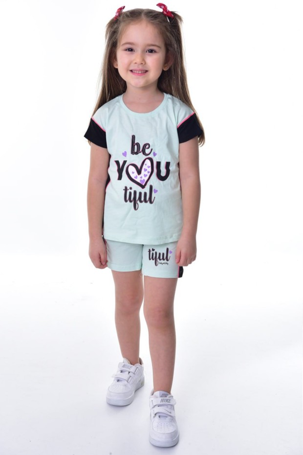 Kız Çocuk Kalp Baskılı Kısa Kollu Şortlu Pamuklu Yazlık Takımı