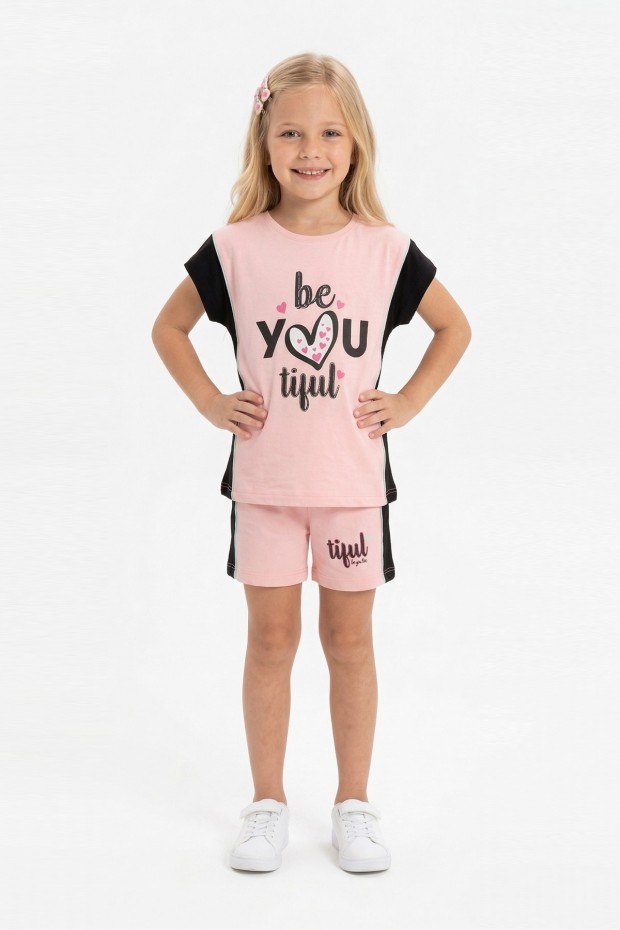 Kız Çocuk Kalp Baskılı Kısa Kollu Şortlu Pamuklu Yazlık Takımı