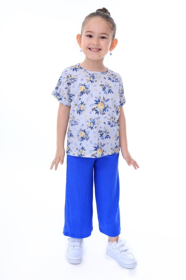 Kız Çocuk Puantiyeli Çiçek Desenli Kısa Kollu Bluz Fitilli Pantolon İkili Takım