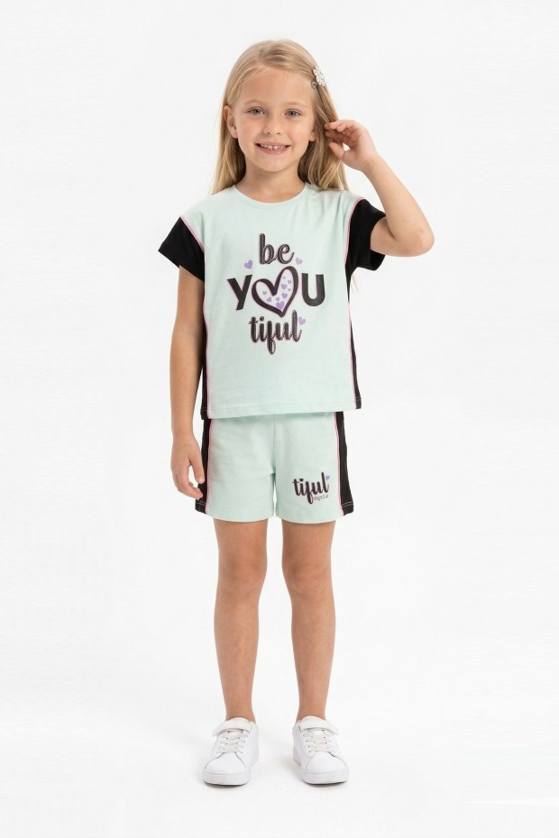 Kız Çocuk Kalp Baskılı Kısa Kollu Şortlu Pamuklu Yazlık Takımı