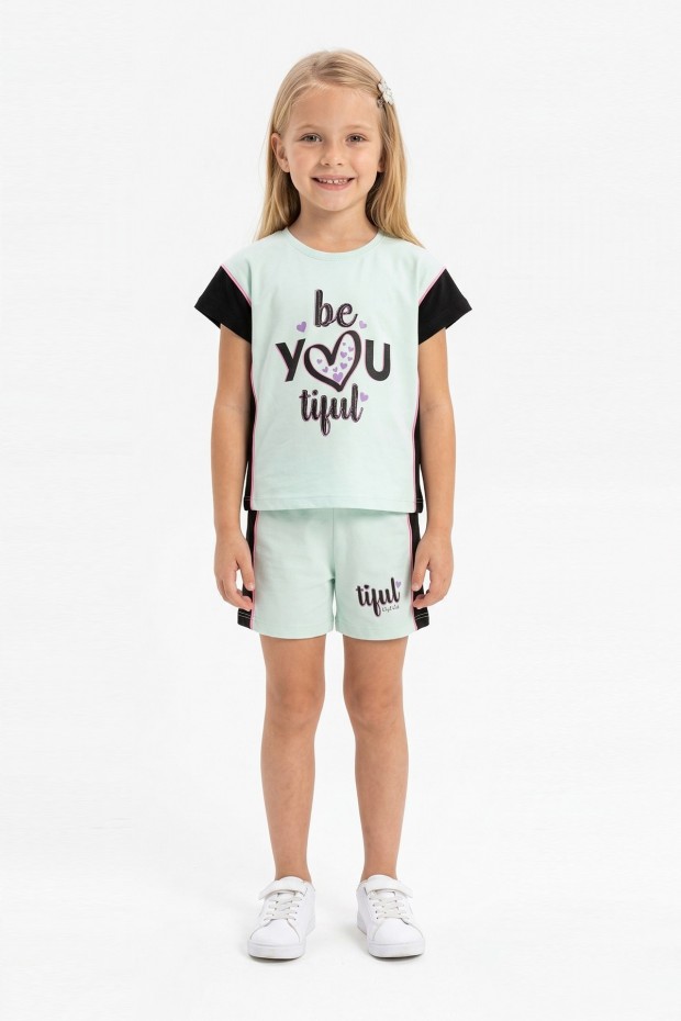 Kız Çocuk Kalp Baskılı Kısa Kollu Şortlu Pamuklu Yazlık Takımı