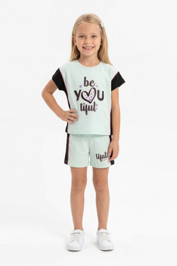 Kız Çocuk Kalp Baskılı Kısa Kollu Şortlu Pamuklu Yazlık Takımı