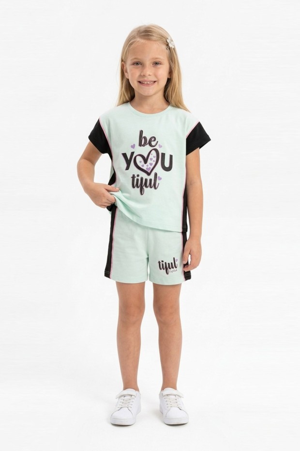 Kız Çocuk Kalp Baskılı Kısa Kollu Şortlu Pamuklu Yazlık Takımı