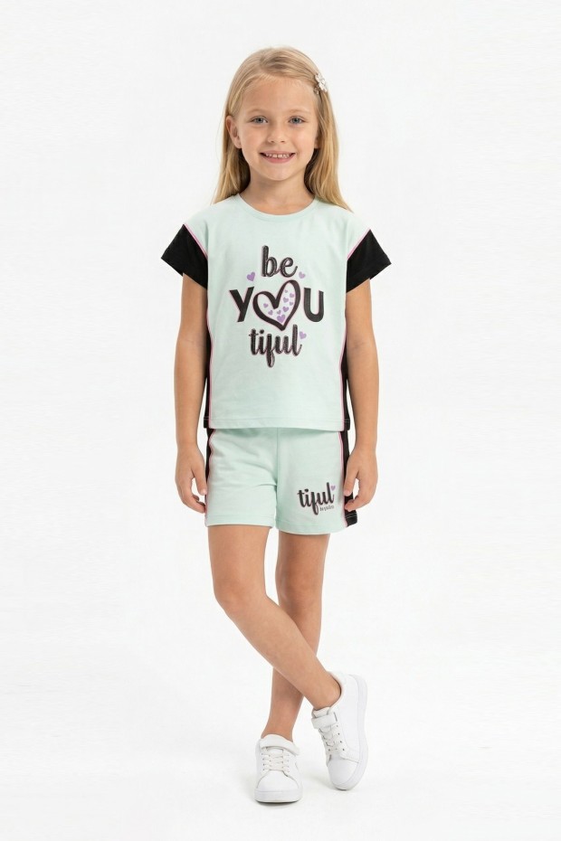 Kız Çocuk Kalp Baskılı Kısa Kollu Şortlu Pamuklu Yazlık Takımı