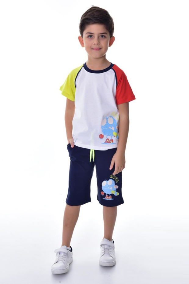 Erkek Çocuk Canavar Baskılı Kısa Kollu Tişört ile Şortlu Pamuklu Yazlık Takım 