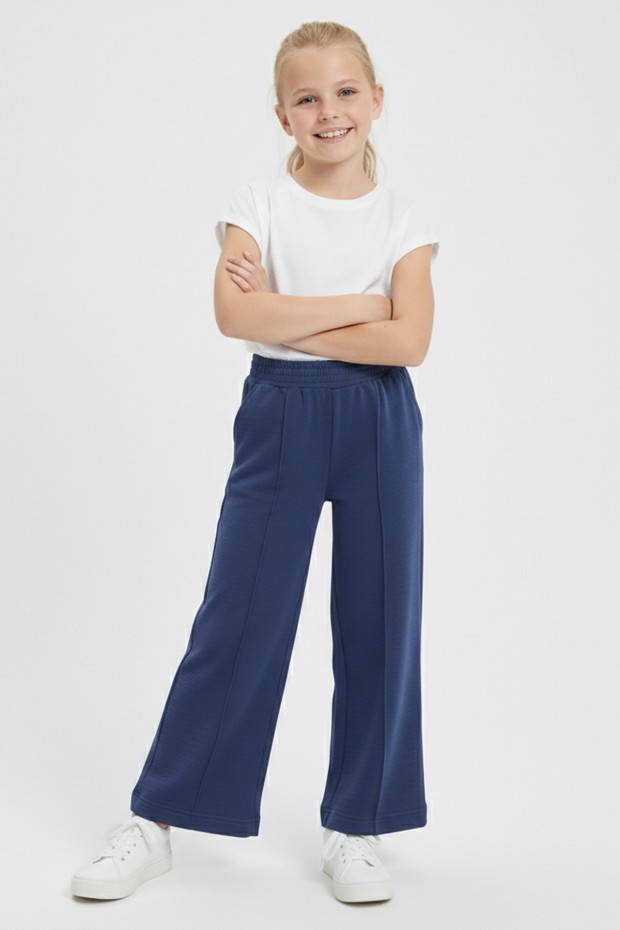 Kız Çocuk Önden Çizgi Detaylı Beli Lastikli Bol Paça Rahat Kesim Pantolon 