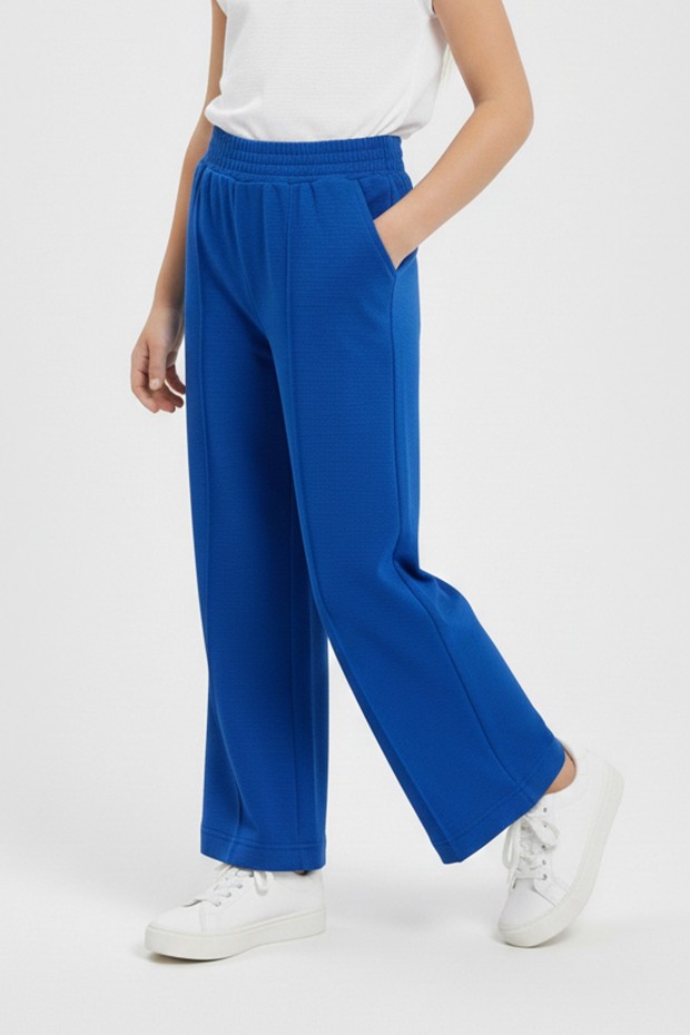 Kız Çocuk Önden Çizgi Detaylı Beli Lastikli Bol Paça Rahat Kesim Pantolon