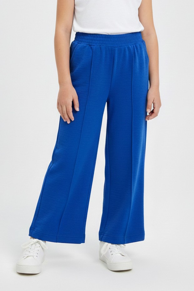 Kız Çocuk Önden Çizgi Detaylı Beli Lastikli Bol Paça Rahat Kesim Pantolon