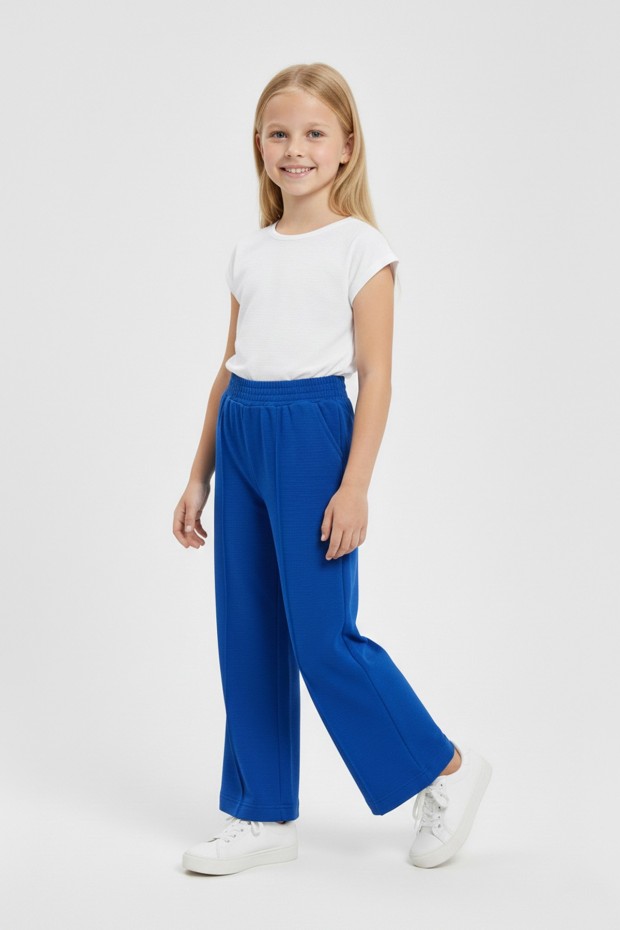 Kız Çocuk Önden Çizgi Detaylı Beli Lastikli Bol Paça Rahat Kesim Pantolon