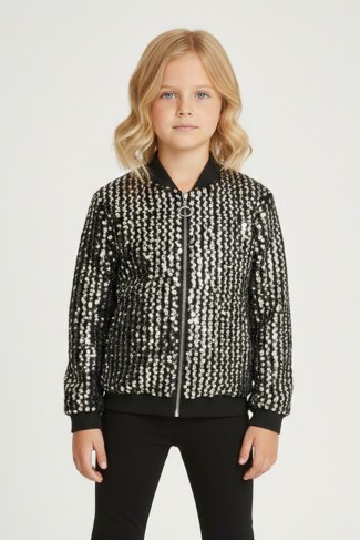 Kız Çocuk Payetli Fermuarlı Bomber Şık Ceket 